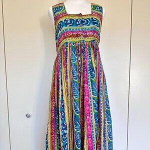 Vintage 90s Multicolor Cotton Sleeveless Maxi Dress Square Neck Size Sm